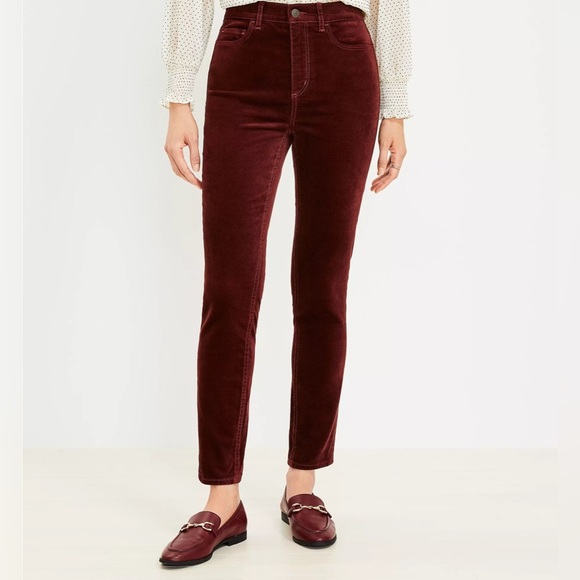 Loft Curvy Velvet Skinny Pants Maroon Red Women’s Sz 25 NWT High Waist Stretch - Picture 1 of 7